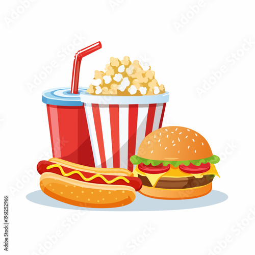A vibrant collection of popular fast food items, featuring a juicy burger, a classic hot dog with mustard, and a large bucket of popcorn, all presented with a refreshing beverage