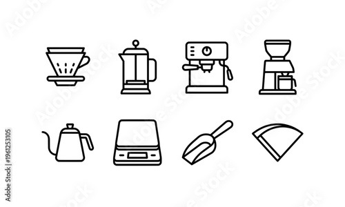 Coffee brewing equipment icons set isolated on white background