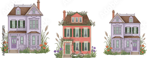 Colorful houses, lavender home design, coral red cottage, green shutters artwork, whimsical neighborhood illustration, floral garden scene, cad drawing flat vector illustration