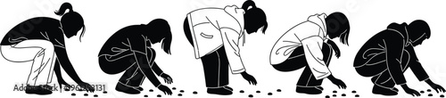 Black and white silhouette illustration showing women sequence planting seeds for sustainable agriculture gardening farm work and food security concept.