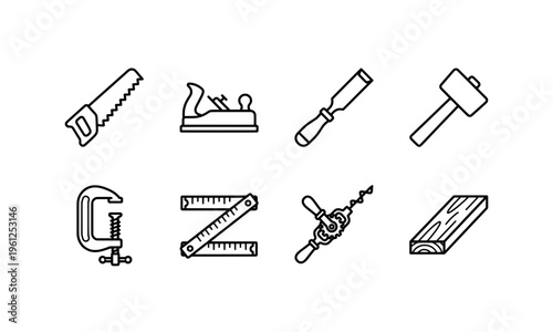 Essential woodworking tools vector icons isolated on white background
