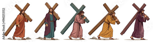 Collection of Jesus Christ Carrying the Cross Illustrations, Depicting the Passion of Christ, Sacrifice, and Redemption, Isolated on White for Christian Faith, Easter, and Religious Education Content.