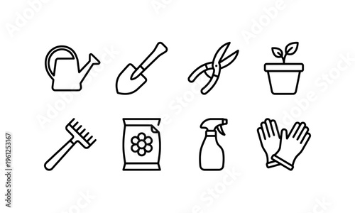 Gardening tools icon set watering can shovel pruners plant rake seed bag spray