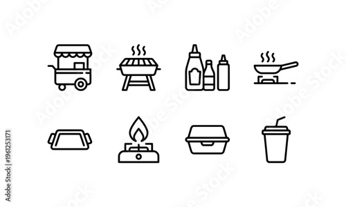 Line art food and beverage icons cart grill sauces pan tray flame