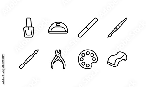 Nail care icons set polish lamp file brush tool nipper palette sponge