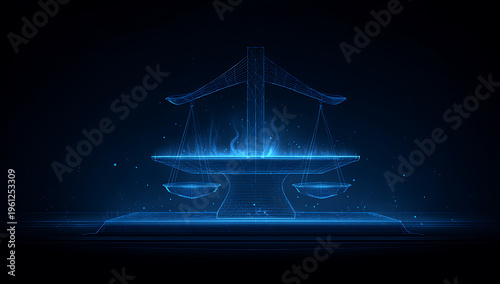 A digital illustration of a blue neon glowing scale on a dark background with futuristic lines and dots around it digitally created