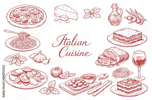 Italian Cuisine Hand Drawn Doodle Set with Pizza, Pasta, Lasagna, and Traditional Food Elements