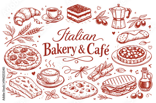 Italian Bakery and Cafe Doodle Set with Pizza, Coffee, Tiramisu, and Traditional Pastries