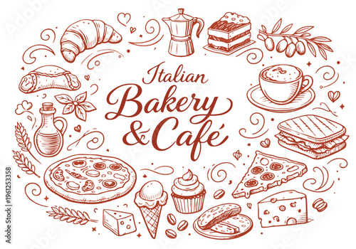 Italian Bakery and Cafe Concept with Hand Drawn Pizza, Pastry, Coffee and Dessert Doodles