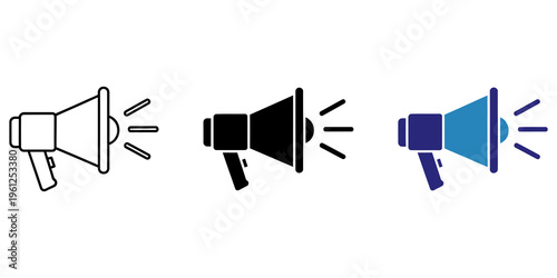 A set of three stylized megaphone icons representing communication and announcement in various styles