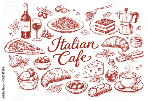 Italian Cafe Doodle Set with Wine, Pasta, Pizza Slice, Coffee and Traditional Desserts