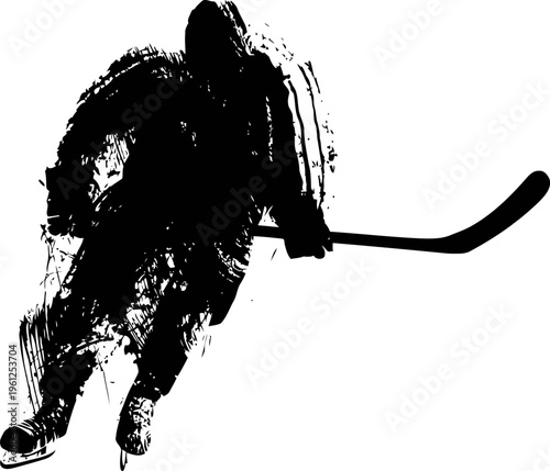 hockey player silhouette with grunge texture skating and holding ice hockey stick in action pose