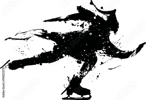 Dynamic abstract silhouette of ice skater in motion with black ink splatter effect