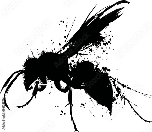 black ink splatter silhouette of a wasp in flight abstract insect shape with dynamic paint splash effect