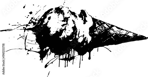 Upside down ice cream cone dripping with melted texture in black ink splatter