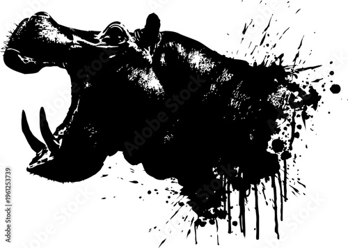 Roaring hippopotamus head silhouette with dynamic ink splatter effect in black and white