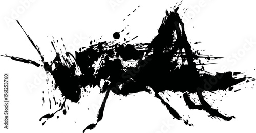 black ink illustration of a grasshopper silhouette with splatter brushstroke effect