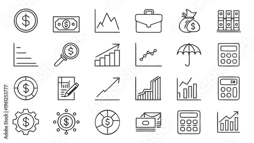 A set of line art financial icons including money, graphs, and calculators