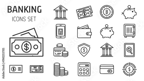 A set of black and white line art banking icons on a white background