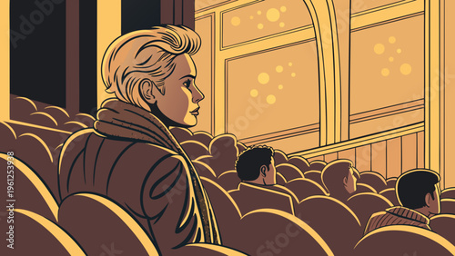 A man sits in a crowded theater watching a performance from his seat