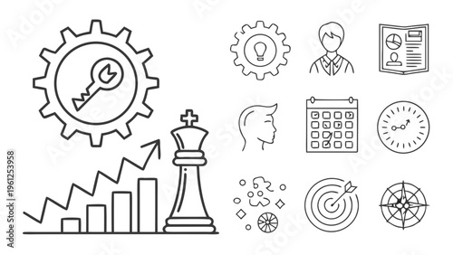 A set of business strategy icons in a flat line art style