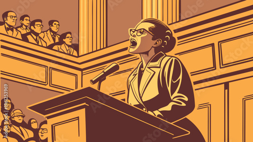 A confident woman speaking at a podium in a courtroom setting with an audience.