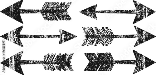 set of six grunge black arrows with various feather and tip styles isolated on white