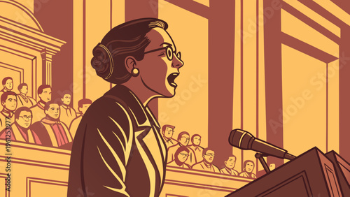 A woman speaking at a podium in a courtroom setting with an audience