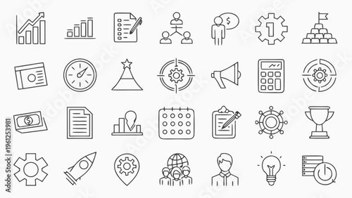 A collection of business and productivity icons in a minimalist line art style