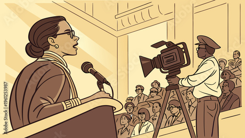 A woman speaks at a podium with a microphone while a cameraman records her in front of an audience.