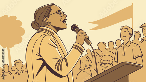 A woman speaks at a podium in front of a crowd of people, giving a passionate speech or presentation.