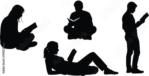 Black silhouette collection of people reading books in various poses including sitting standing and lying down for education and leisure.