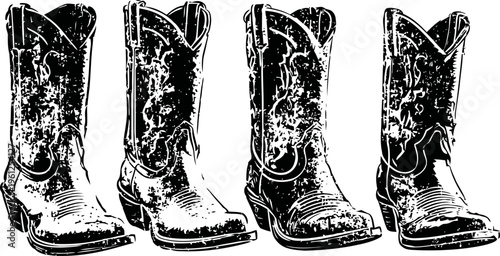 vintage worn cowboy boots set in monochrome silhouette
