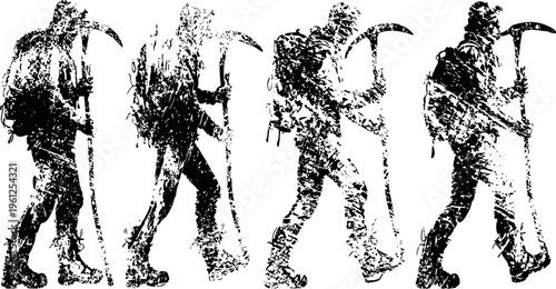 silhouettes of hikers walking with backpacks and trekking poles in outdoor adventure