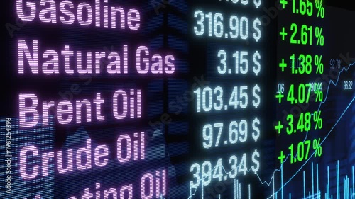 Strong rising gas and crude oil prices, abstract screen, energy crisis. Commodity trading, stock market, exchange, risk, analyzing, trading strategy, oil industry.