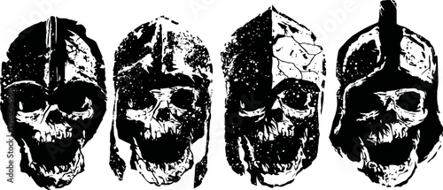 four skulls wearing medieval helmets arranged in a row in black and white