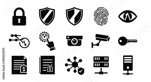 Security icons depicting protection data and surveillance black silhouette high quality