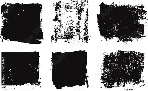 Set of six grunge black distress textures vintage worn square overlays with scratches and spots