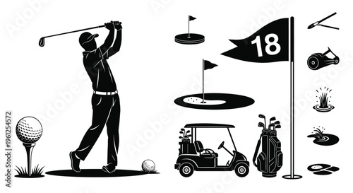 Golfing elements including a player flag and equipment in black silhouette