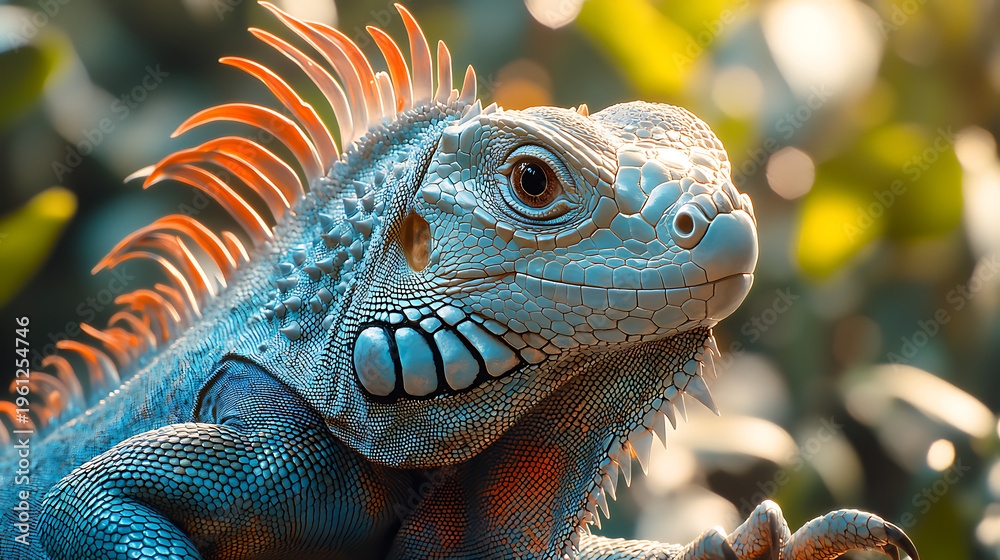 Fototapeta premium Bright capture of green iguana with raised dorsal spines and calm gaze intense textures white studio background 