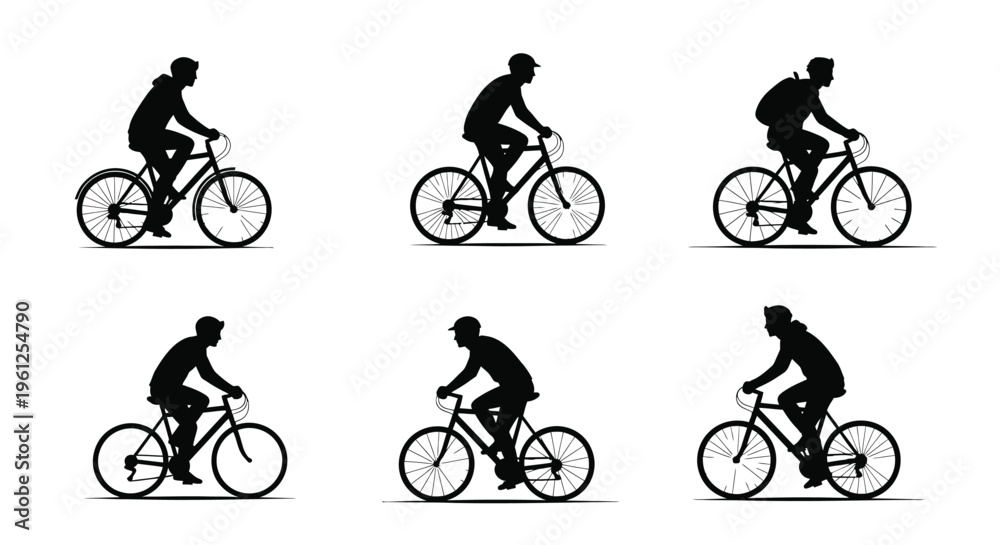 Obraz premium Six depictions of cyclists riding bicycles in various poses silhouette