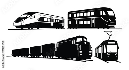 Black silhouettes of various trains including a steam engine silhouette