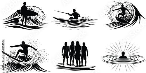 Black silhouette collection of surfers riding big waves kayaking and swimming in the ocean for summer vacation and extreme sports.