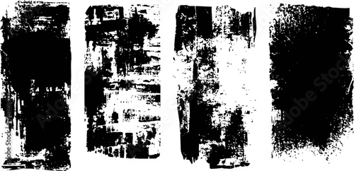 Grunge black brush strokes set with rough textured edges on white background, distressed design elements