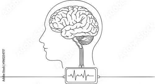 Human brain outline in profile head connected to futuristic waveform device.