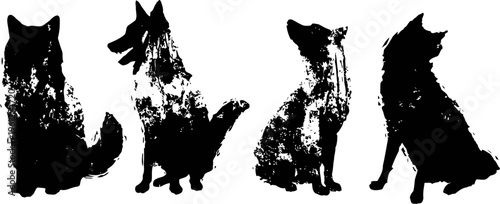 grunge silhouette set of sitting and howling wolves wildlife wild animals in distressed textured