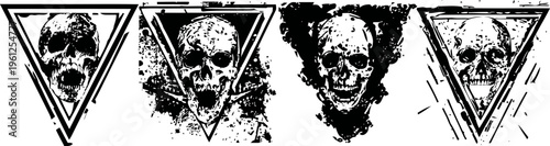 Black and white skull designs inside and outside triangle frames grunge horror tattoo and gothic art elements