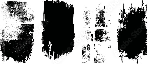 Abstract black grunge paint strokes on white background rough textured brush marks, artistic design elements
