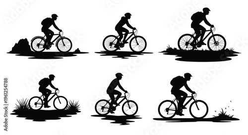 Quadro su tela Mountain bikers in various poses and terrains a striking black silhouette