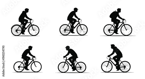 Six depictions of cyclists riding bicycles in various poses silhouette